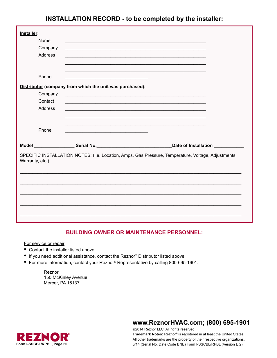 Installation record - to be completed by the, Installer, Contact 60 | Distributor 60, Tion record 60, Installer 60, Model 60, Serial no. 60 | Reznor RPBL Unit Installation Manual User Manual | Page 60 / 60