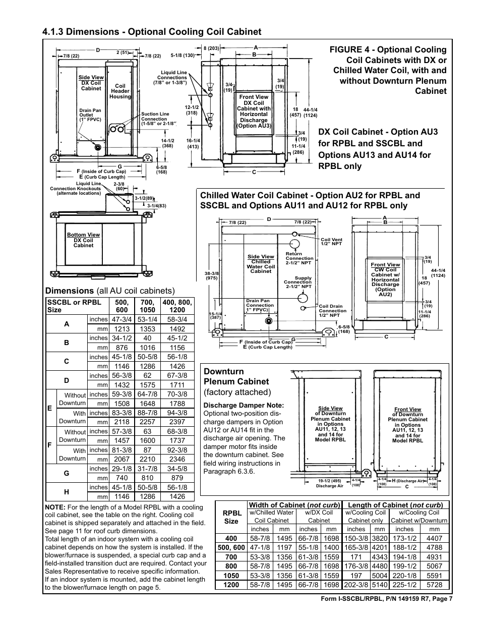 3 dimensions - optional cooling coil cabinet | Reznor RPBL Unit Installation Manual User Manual | Page 7 / 60