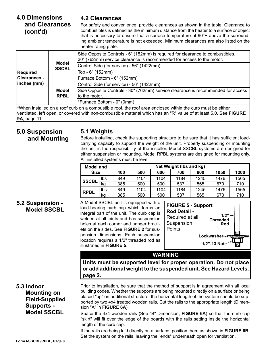 2 clearances, 0 suspension and mounting, 1 weights | 2 suspension - model sscbl, 3 indoor mounting on field-supplied supports, 0 dimensions and clearances (cont'd) | Reznor RPBL Unit Installation Manual User Manual | Page 8 / 60