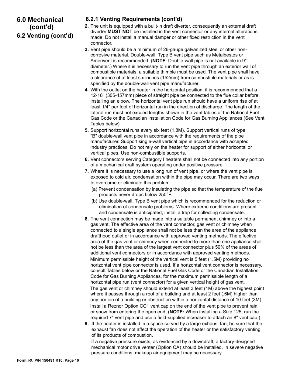 0 mechanical (cont'd), 2 venting (cont'd) | Reznor X Unit Installation Manual User Manual | Page 10 / 32