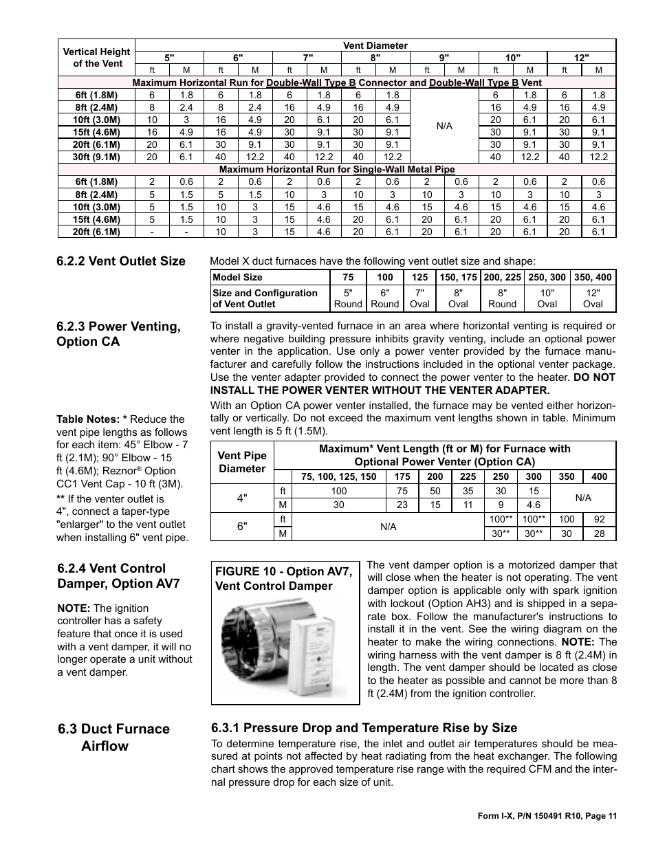 3 duct furnace airflow, 3 power venting, option ca 6.2.2 vent outlet size, 4 vent control damper, option av7 | 1 pressure drop and temperature rise by size | Reznor X Unit Installation Manual User Manual | Page 11 / 32