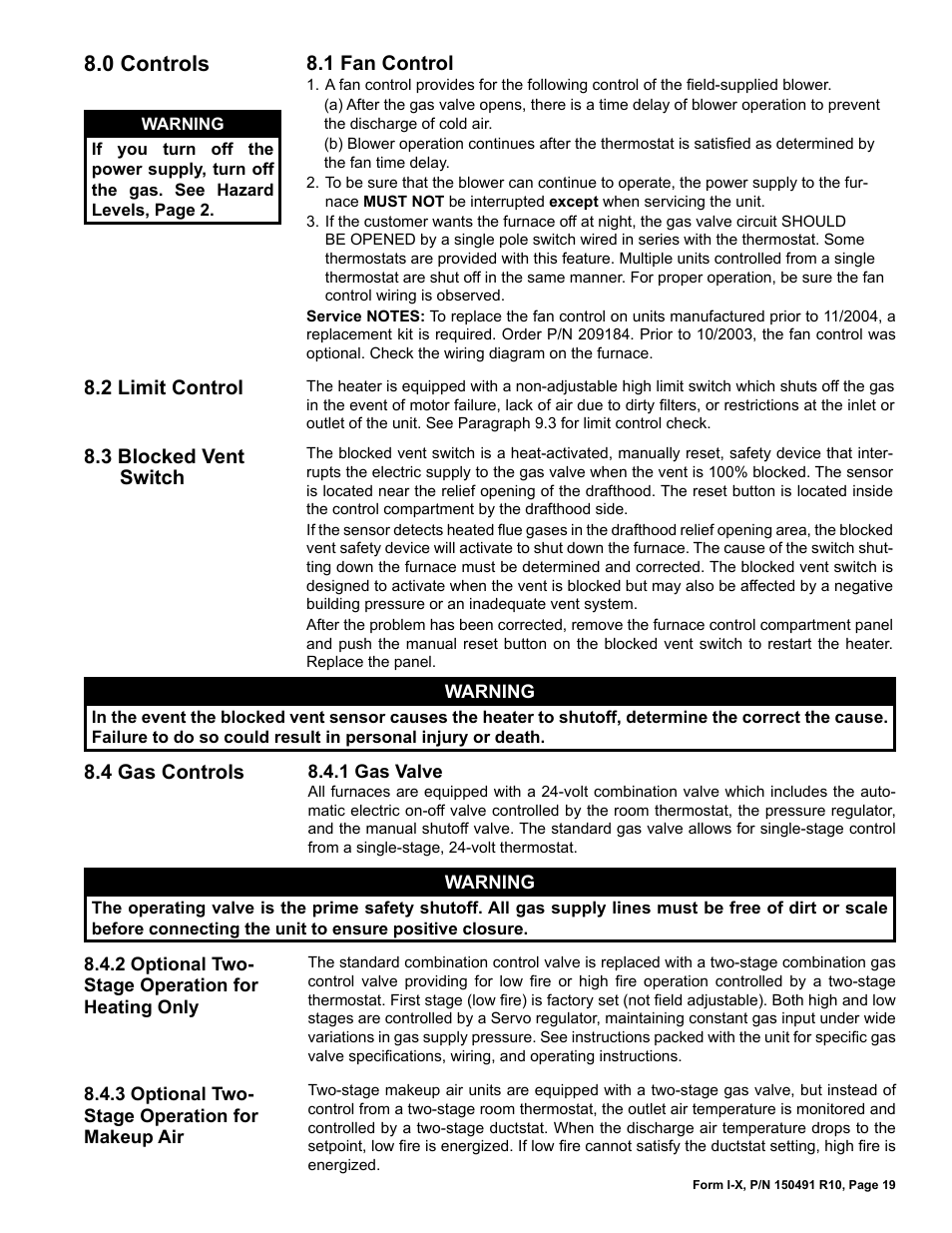 0 controls, 1 fan control, 2 limit control | 3 blocked vent switch, 4 gas controls | Reznor X Unit Installation Manual User Manual | Page 19 / 32