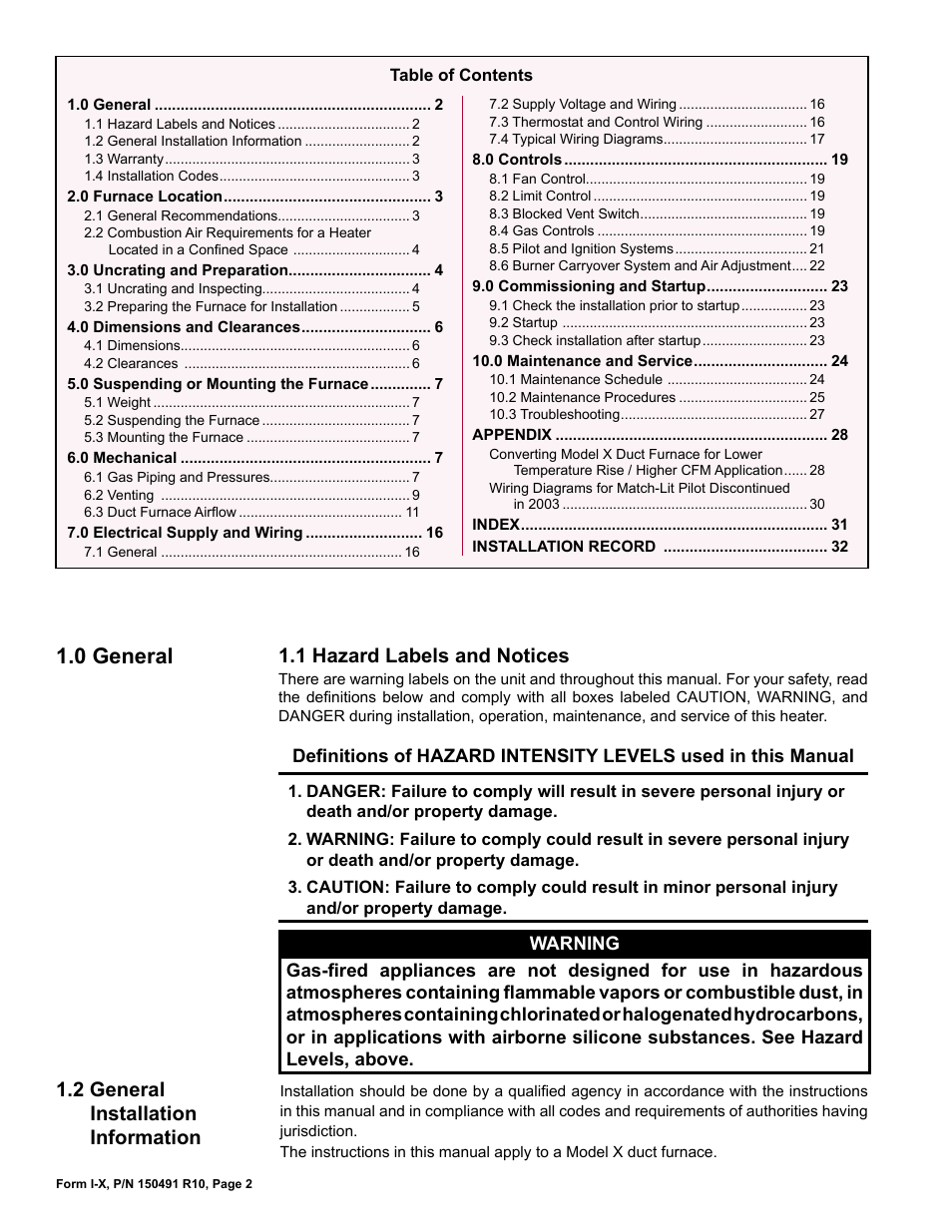 0 general, 2 general installation information, 1 hazard labels and notices | Reznor X Unit Installation Manual User Manual | Page 2 / 32