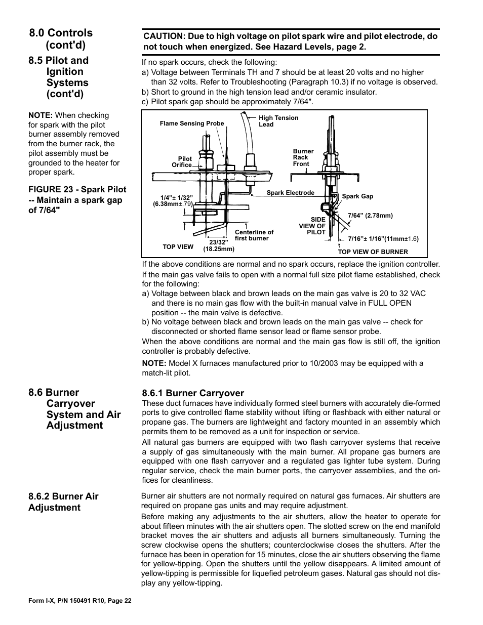 6 burner carryover system and air adjustment, 0 controls (cont'd), 5 pilot and ignition systems (cont'd) | Reznor X Unit Installation Manual User Manual | Page 22 / 32