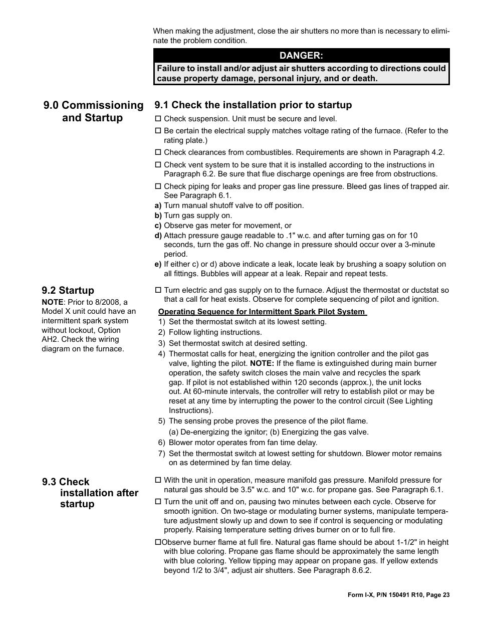 0 commissioning and startup, 1 check the installation prior to startup, 2 startup | 3 check installation after startup | Reznor X Unit Installation Manual User Manual | Page 23 / 32