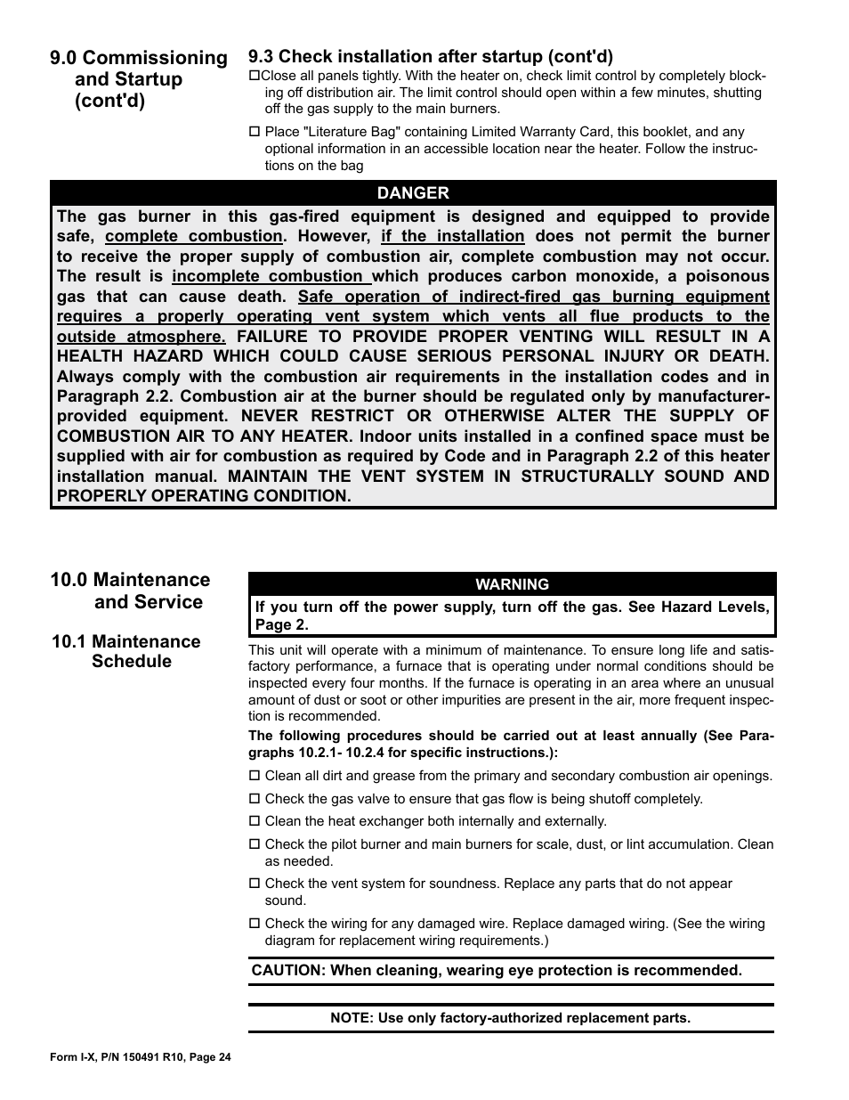 0 maintenance and service, 1 maintenance schedule, 0 commissioning and startup (cont'd) | Reznor X Unit Installation Manual User Manual | Page 24 / 32