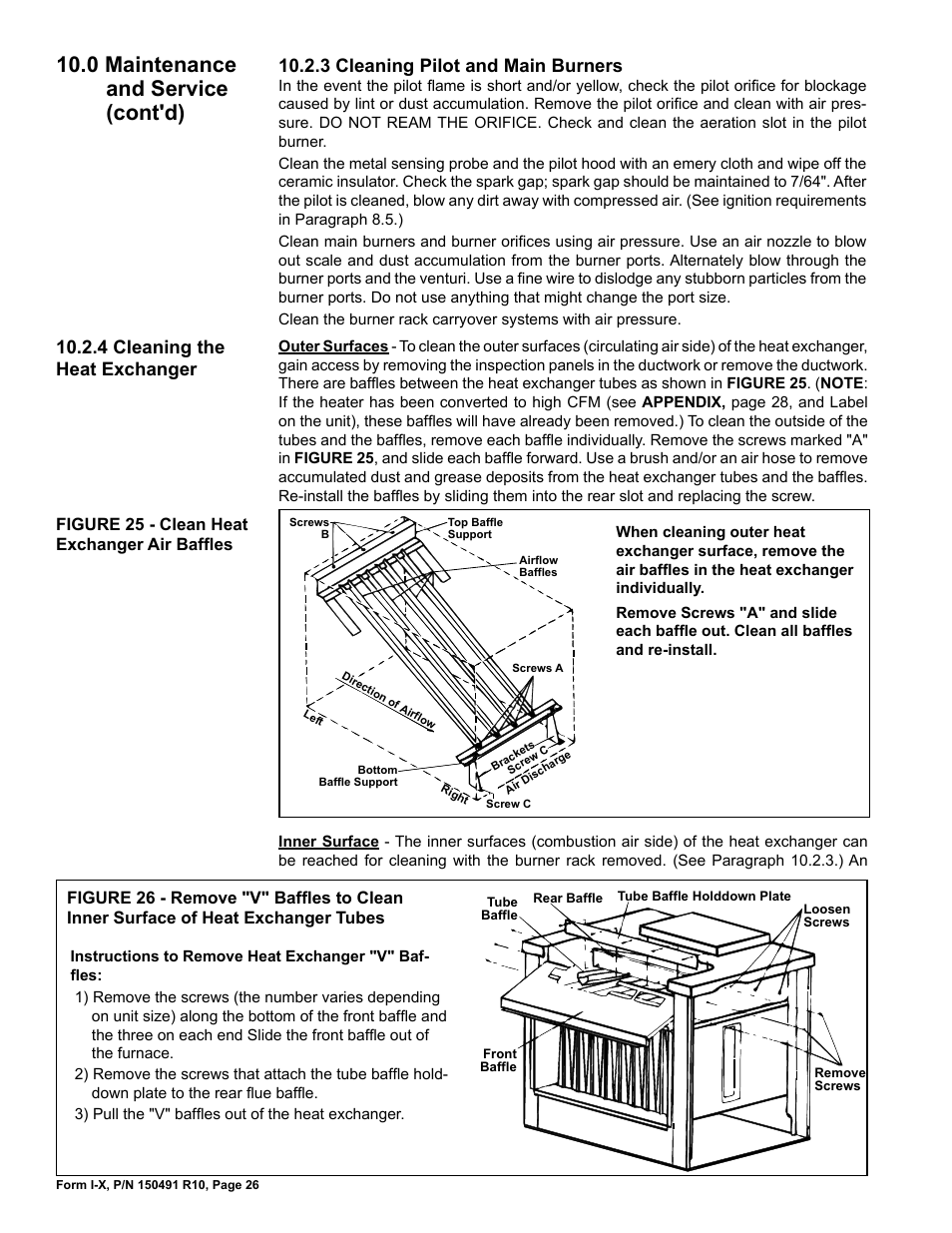 0 maintenance and service (cont'd), 3 cleaning pilot and main burners, 4 cleaning the heat exchanger | Reznor X Unit Installation Manual User Manual | Page 26 / 32
