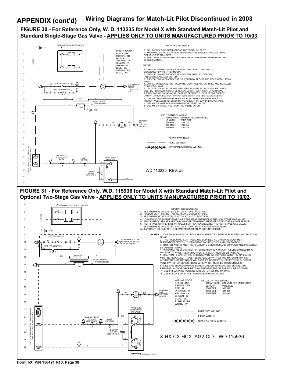 Wiring diagrams for match-lit pilot discontinued, In 2003, Appendix (cont'd) | Reznor X Unit Installation Manual User Manual | Page 30 / 32