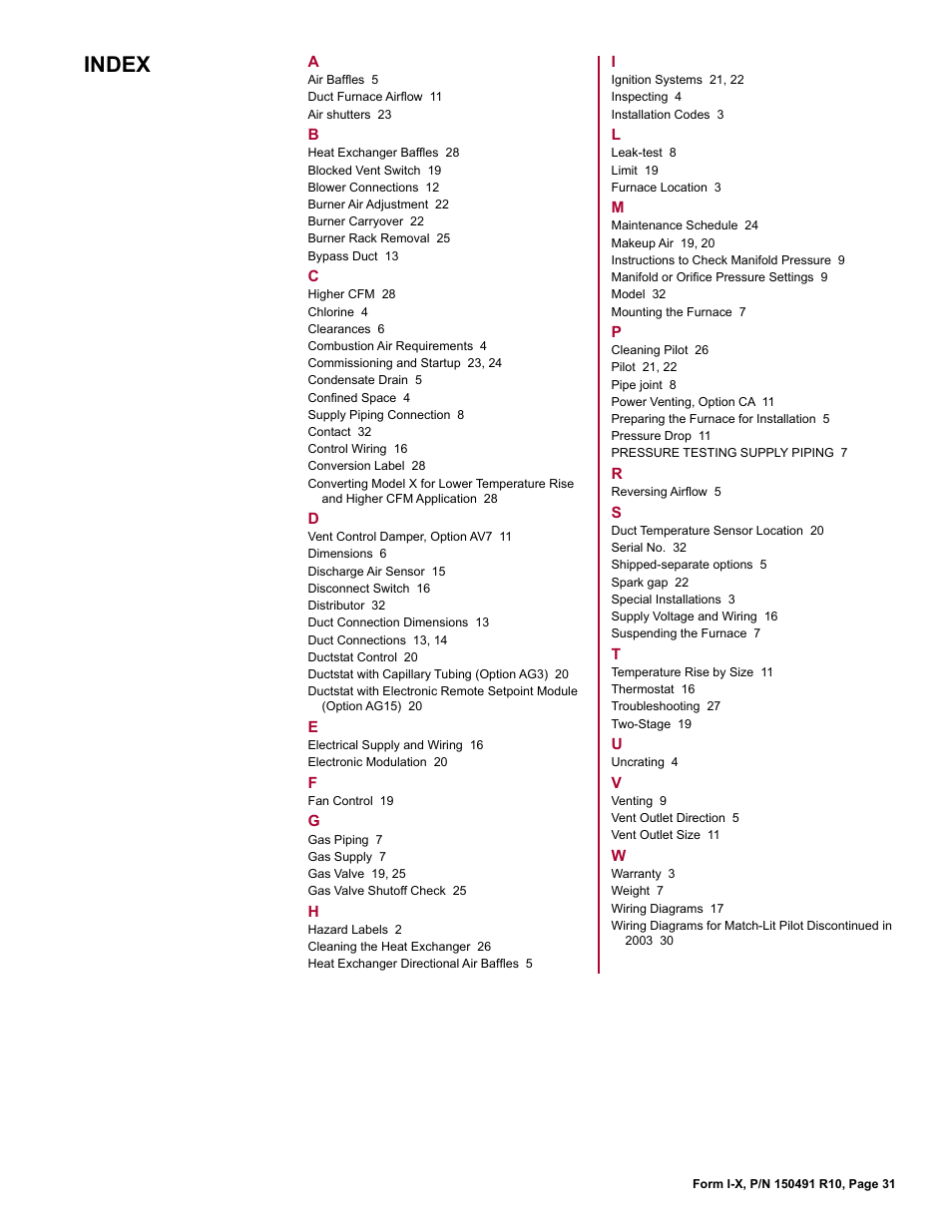 Index | Reznor X Unit Installation Manual User Manual | Page 31 / 32