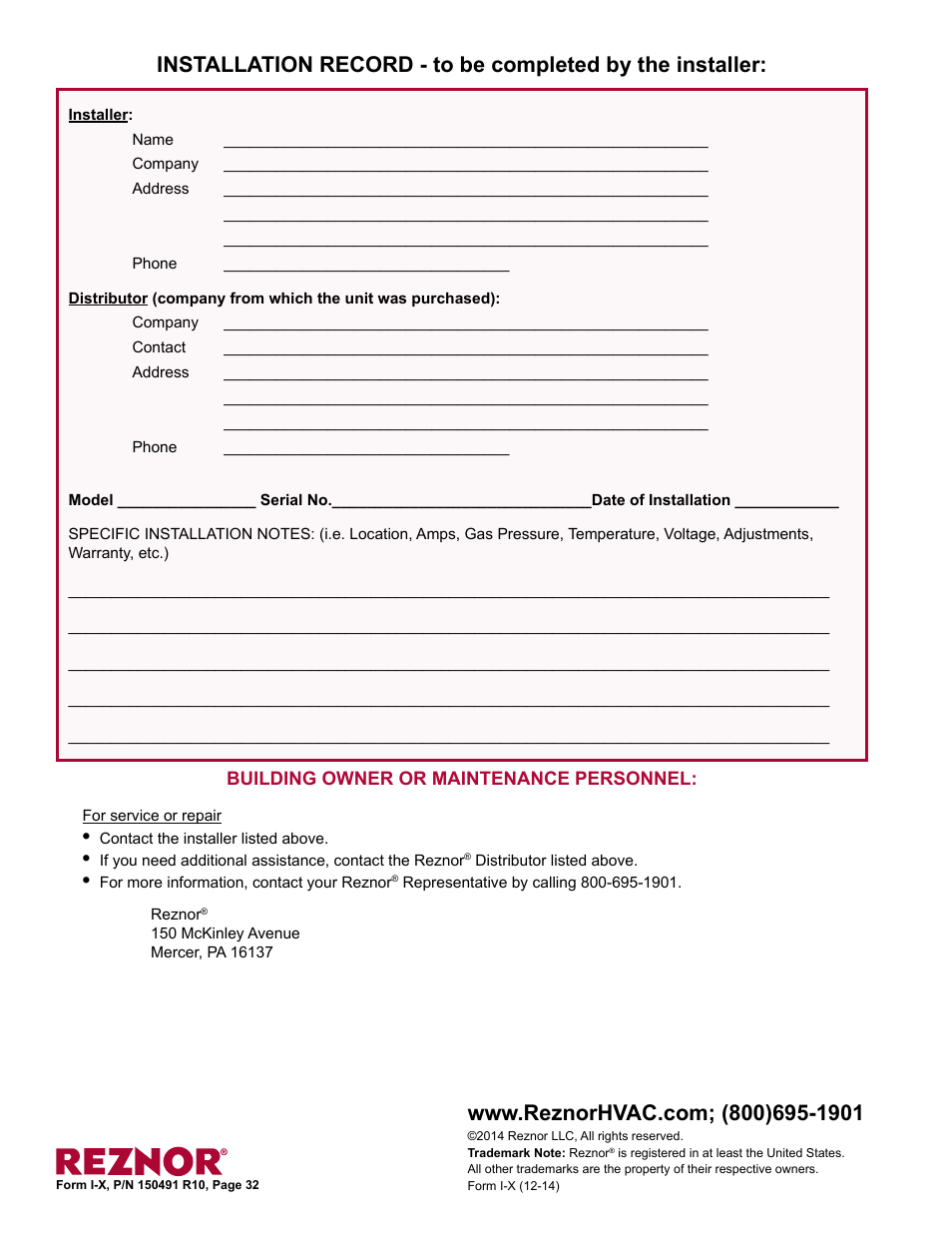 Installation record, Contact 32, Distributor 32 | Model 32, Serial no. 32 | Reznor X Unit Installation Manual User Manual | Page 32 / 32