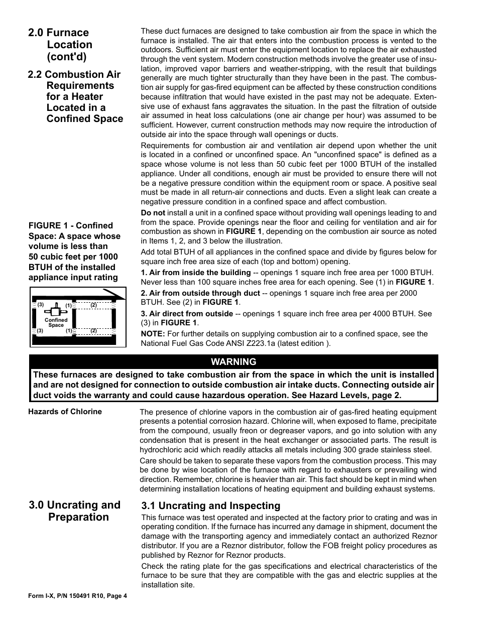 2 combustion air requirements for a heater, Located in a confined space, 0 uncrating and preparation | 1 uncrating and inspecting, 0 furnace location (cont'd) | Reznor X Unit Installation Manual User Manual | Page 4 / 32