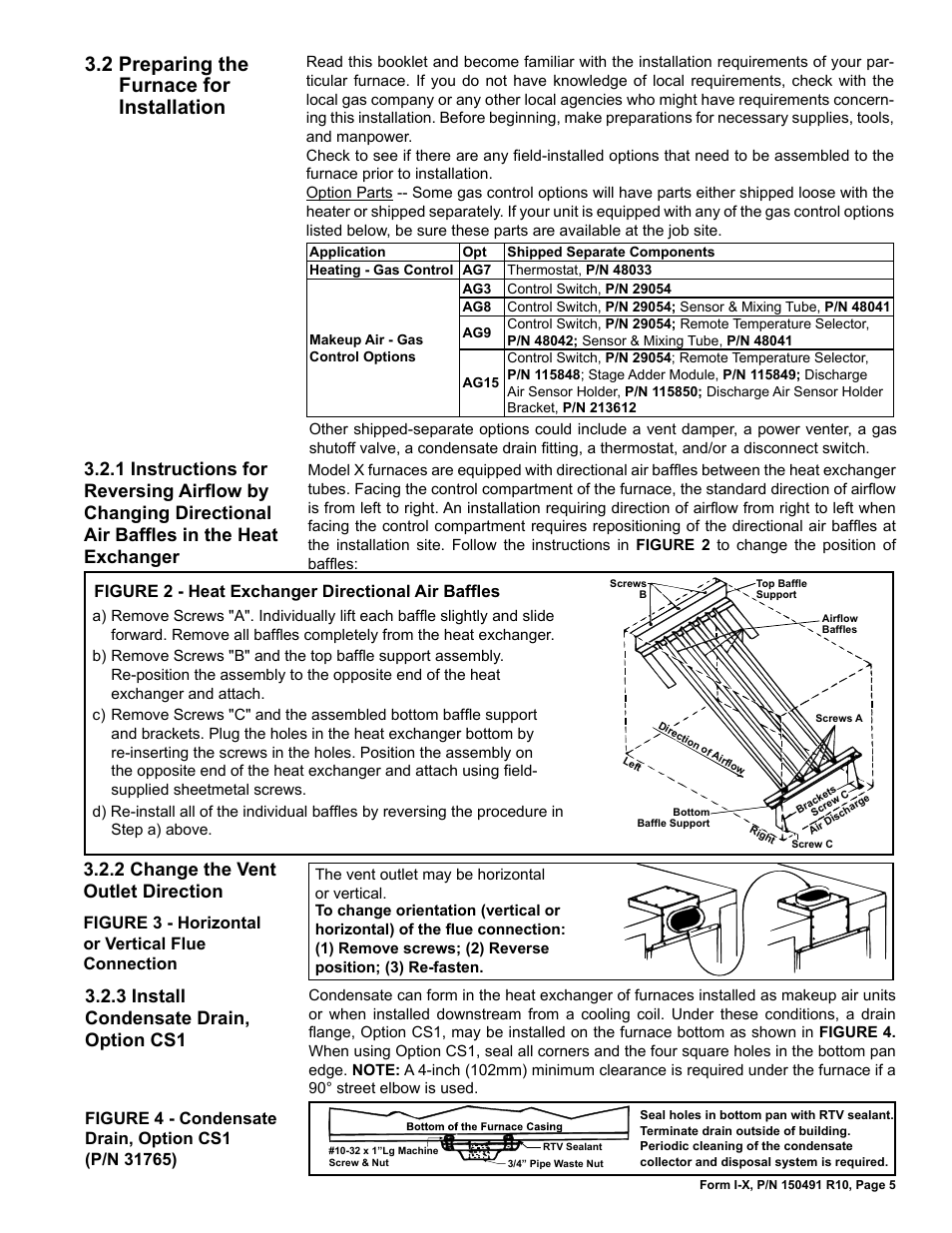 2 preparing the furnace for installation, 2 change the vent outlet direction, 3 install condensate drain, option cs1 | Reznor X Unit Installation Manual User Manual | Page 5 / 32