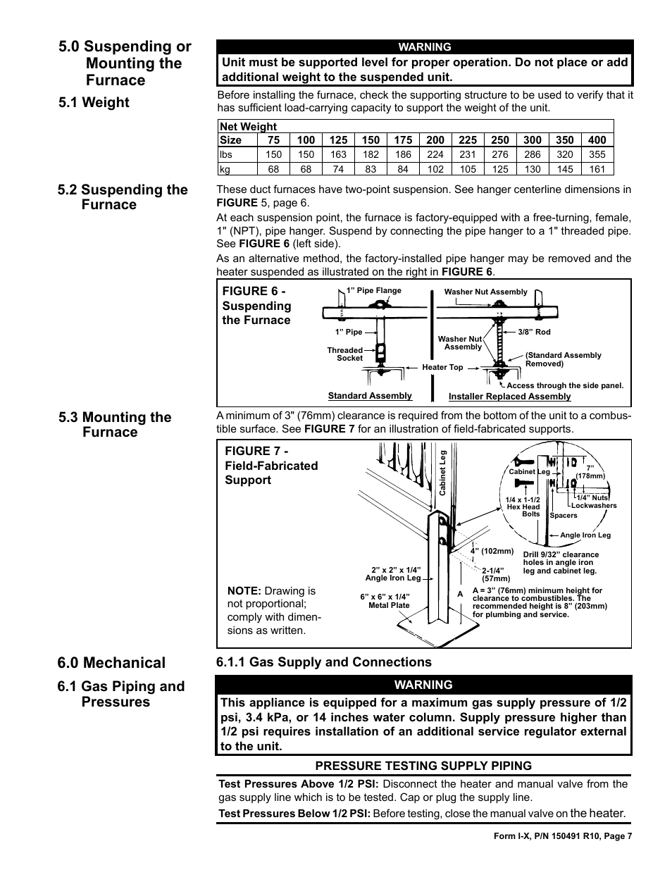 0 suspending or mounting the furnace, 1 weight, 2 suspending the furnace | 3 mounting the furnace, 0 mechanical, 1 gas piping and pressures, 1 weight 5.2 suspending the furnace, 1 gas supply and connections | Reznor X Unit Installation Manual User Manual | Page 7 / 32