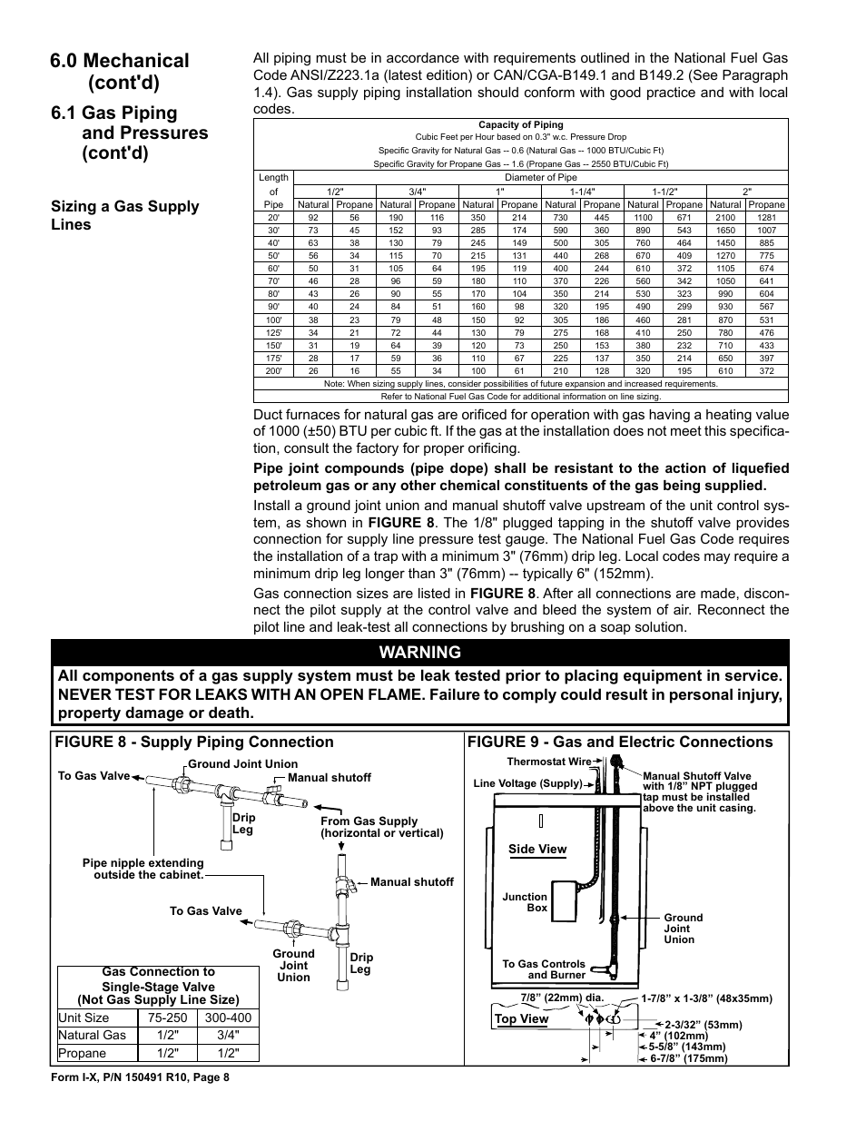 0 mechanical (cont'd), 1 gas piping and pressures (cont'd), Warning | Figure 8 - supply piping connection, Figure 9 - gas and electric connections, Sizing a gas supply lines | Reznor X Unit Installation Manual User Manual | Page 8 / 32