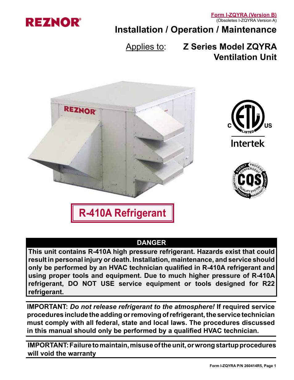 Reznor ZQYRA Unit Installation Manual User Manual | 72 pages
