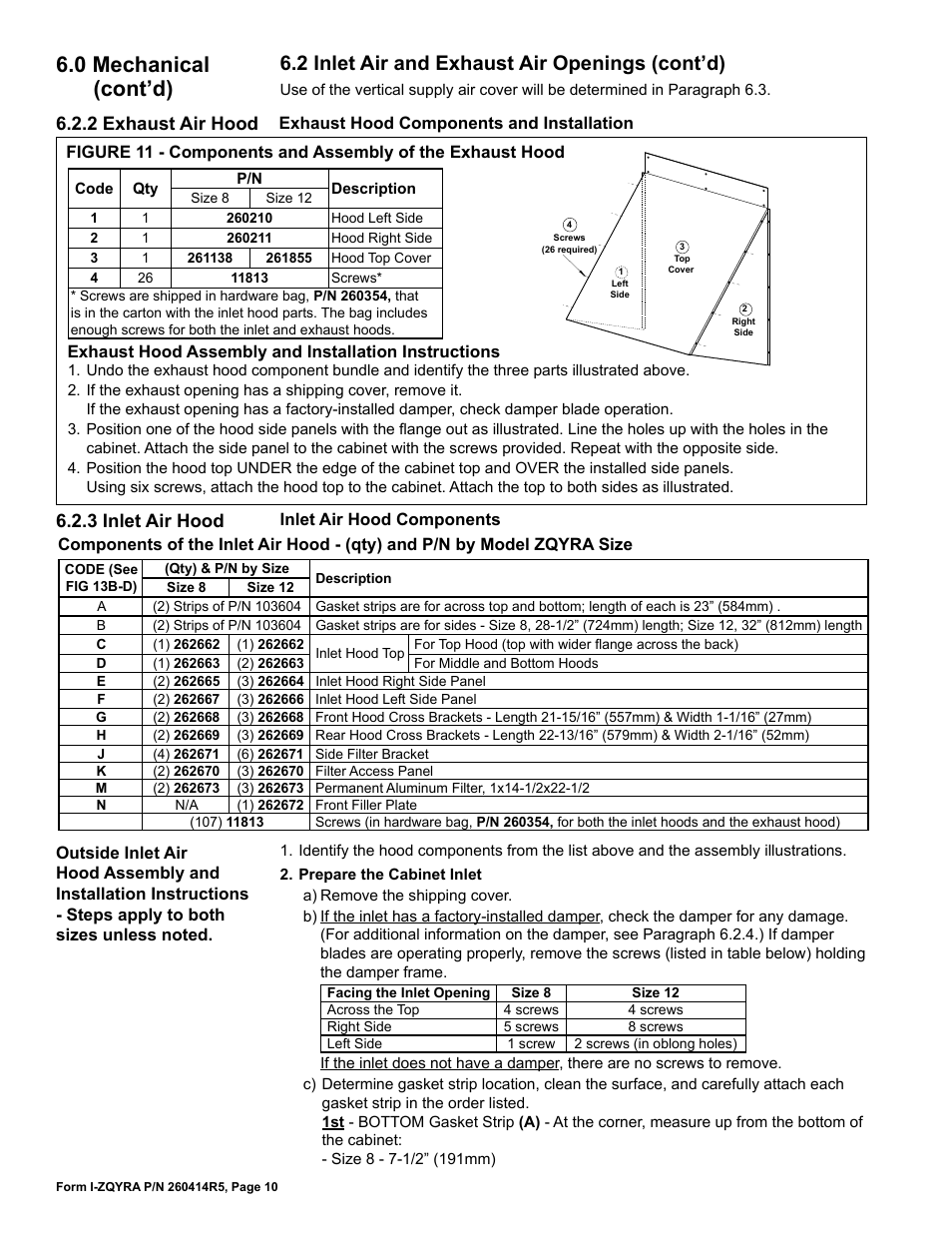 0 mechanical (cont’d), 2 inlet air and exhaust air openings (cont’d), 2 exhaust air hood | 3 inlet air hood | Reznor ZQYRA Unit Installation Manual User Manual | Page 10 / 72