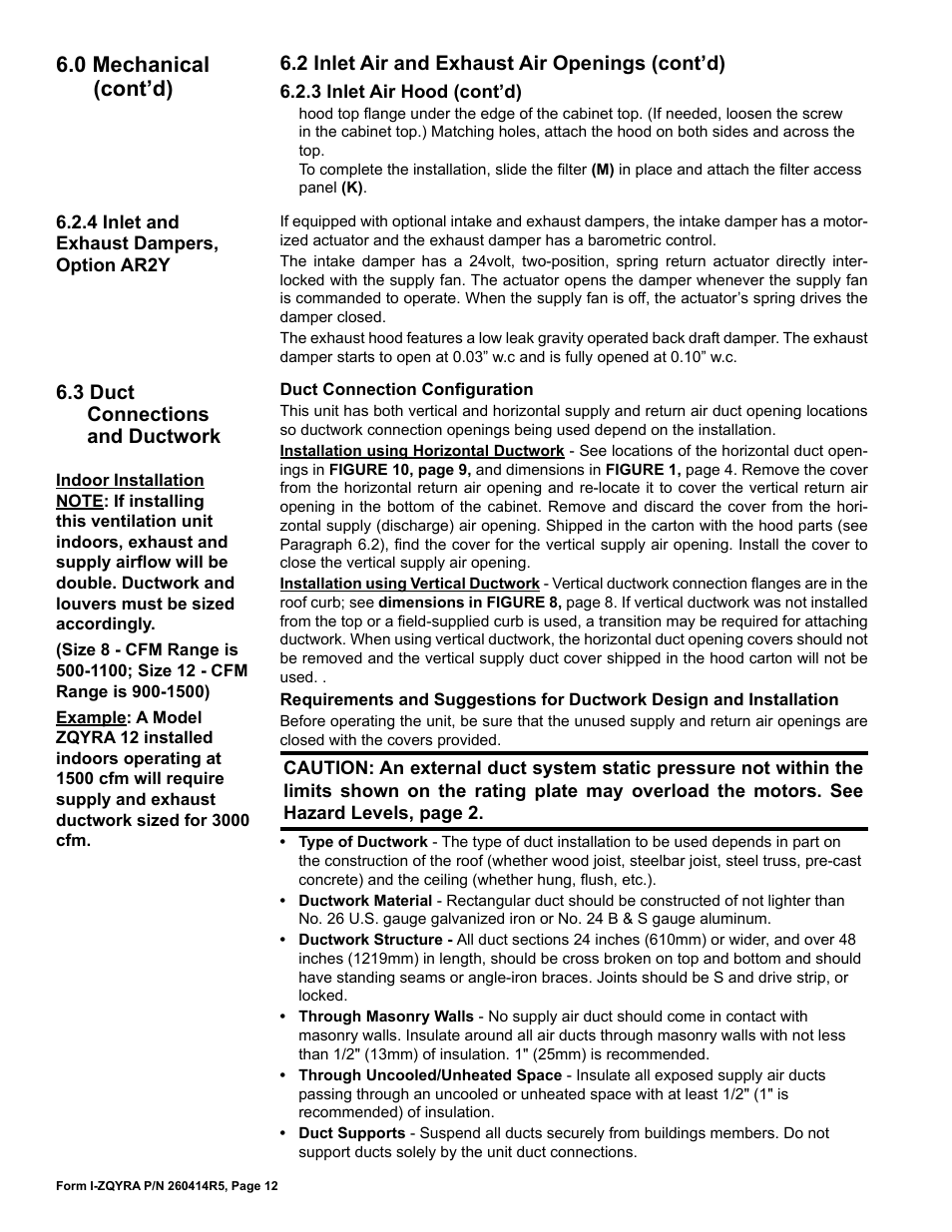 0 mechanical (cont’d), 2 inlet air and exhaust air openings (cont’d), 3 duct connections and ductwork | Reznor ZQYRA Unit Installation Manual User Manual | Page 12 / 72
