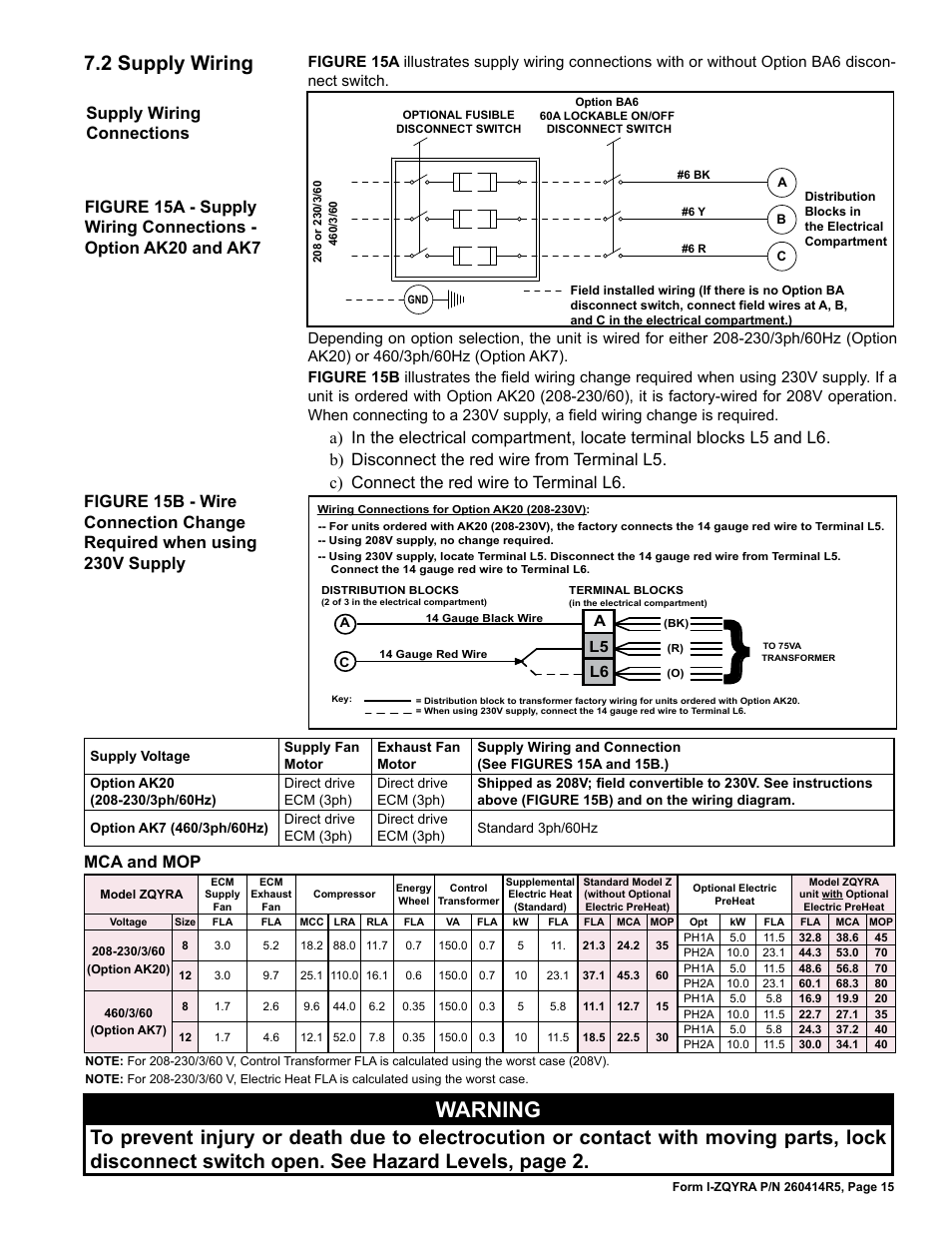 Warning, 2 supply wiring, Supply wiring connections | Mca and mop | Reznor ZQYRA Unit Installation Manual User Manual | Page 15 / 72