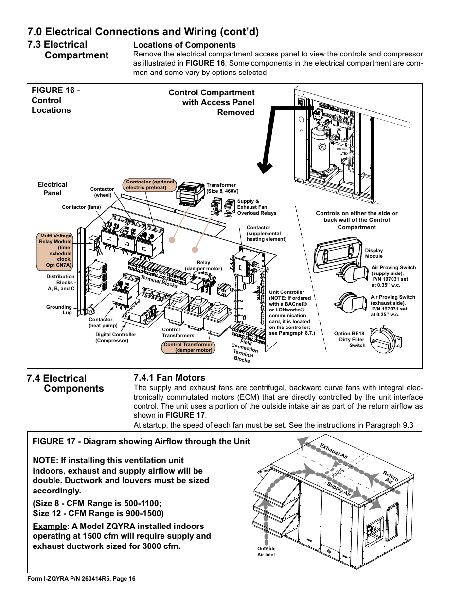 0 electrical connections and wiring (cont’d), 3 electrical compartment, 4 electrical components | 1 fan motors, Figure 16 - control locations, Locations of components, Control compartment with access panel removed | Reznor ZQYRA Unit Installation Manual User Manual | Page 16 / 72