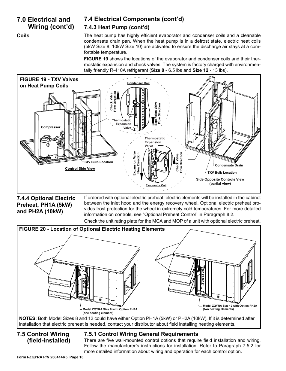 0 electrical and wiring (cont’d), 4 electrical components (cont’d), 5 control wiring (field-installed) | 3 heat pump (cont’d), 1 control wiring general requirements, Figure 19 - txv valves on heat pump coils, Coils | Reznor ZQYRA Unit Installation Manual User Manual | Page 18 / 72