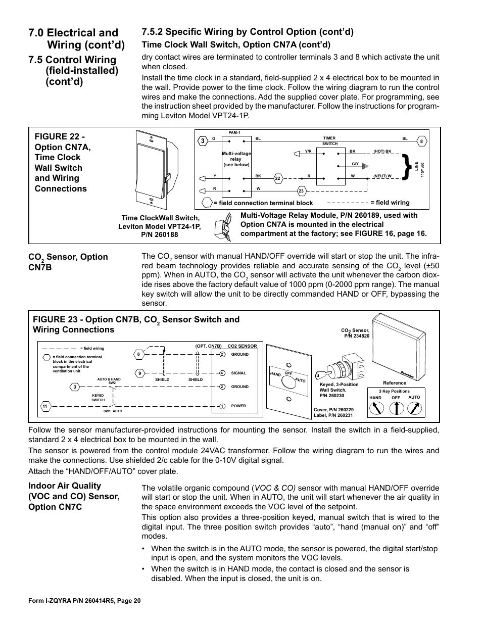 0 electrical and wiring (cont’d), 5 control wiring (field-installed) (cont’d), 2 specific wiring by control option (cont’d) | Sensor, option cn7b, Figure 23 - option cn7b, co, Sensor switch and wiring connections, Time clock wall switch, option cn7a (cont’d), The co, Level (±50 ppm). when in auto, the co | Reznor ZQYRA Unit Installation Manual User Manual | Page 20 / 72