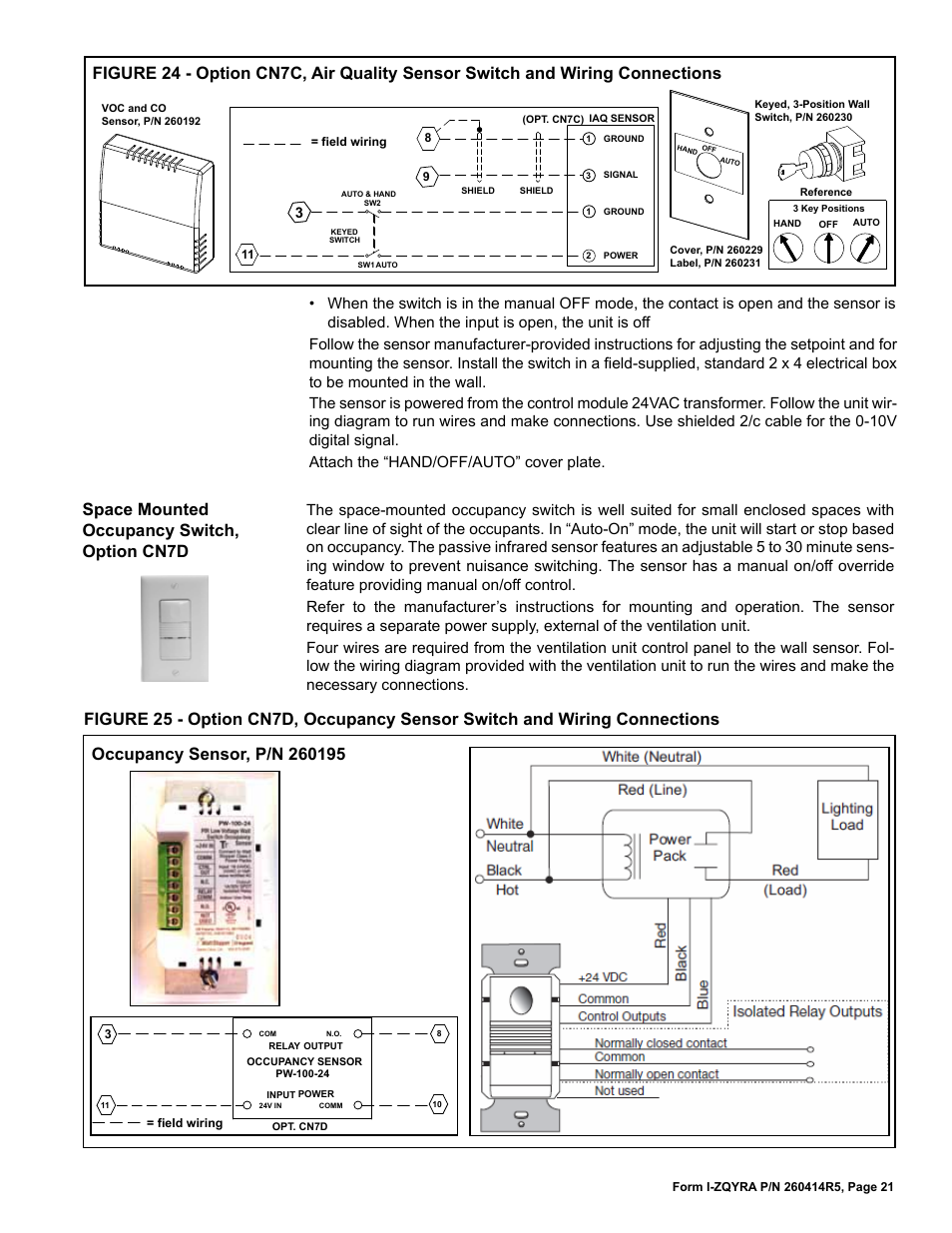Space mounted occupancy switch, option cn7d | Reznor ZQYRA Unit Installation Manual User Manual | Page 21 / 72