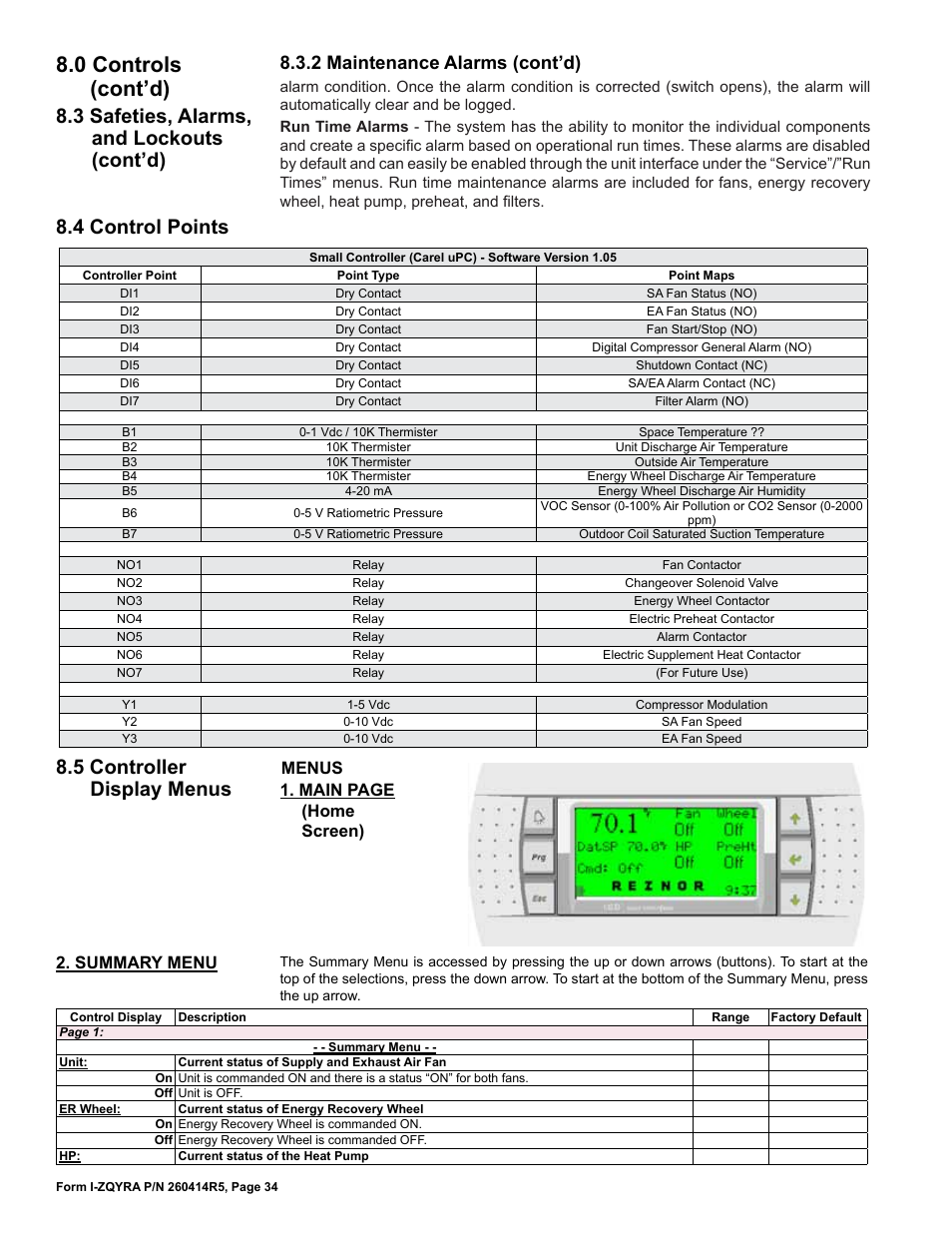 0 controls (cont’d), 4 control points, 5 controller display menus | 3 safeties, alarms, and lockouts (cont’d), 2 maintenance alarms (cont’d), Main page (home screen) menus, Summary menu | Reznor ZQYRA Unit Installation Manual User Manual | Page 34 / 72