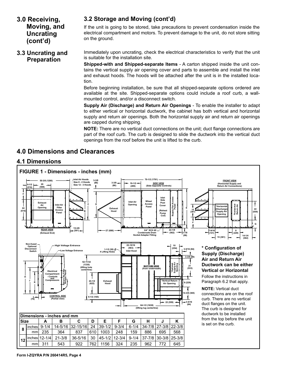 0 dimensions and clearances, 0 receiving, moving, and uncrating (cont’d), 1 dimensions | 3 uncrating and preparation, 2 storage and moving (cont’d), Figure 1 - dimensions - inches (mm) | Reznor ZQYRA Unit Installation Manual User Manual | Page 4 / 72