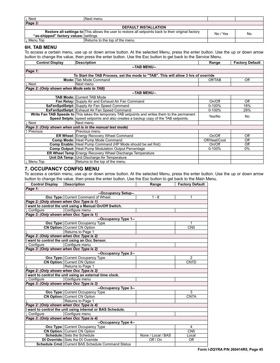 Occupancy config menu | Reznor ZQYRA Unit Installation Manual User Manual | Page 45 / 72
