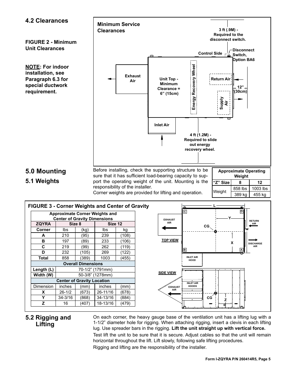 0 mounting, 1 weights, 2 clearances | 2 rigging and lifting, Figure 3 - corner weights and center of gravity | Reznor ZQYRA Unit Installation Manual User Manual | Page 5 / 72
