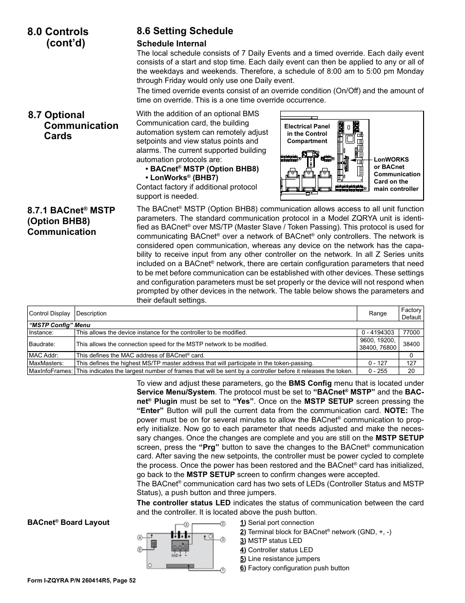0 controls (cont’d), 7 optional communication cards, 6 setting schedule | 1 bacnet, Mstp (option bhb8) communication | Reznor ZQYRA Unit Installation Manual User Manual | Page 52 / 72