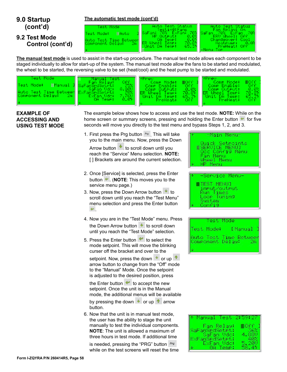 0 startup (cont’d), 2 test mode control (cont’d) | Reznor ZQYRA Unit Installation Manual User Manual | Page 58 / 72
