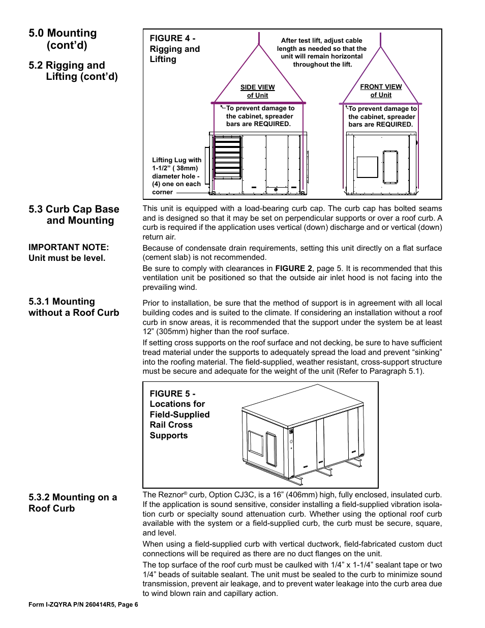 0 mounting (cont’d), 3 curb cap base and mounting, 2 rigging and lifting (cont’d) | Reznor ZQYRA Unit Installation Manual User Manual | Page 6 / 72