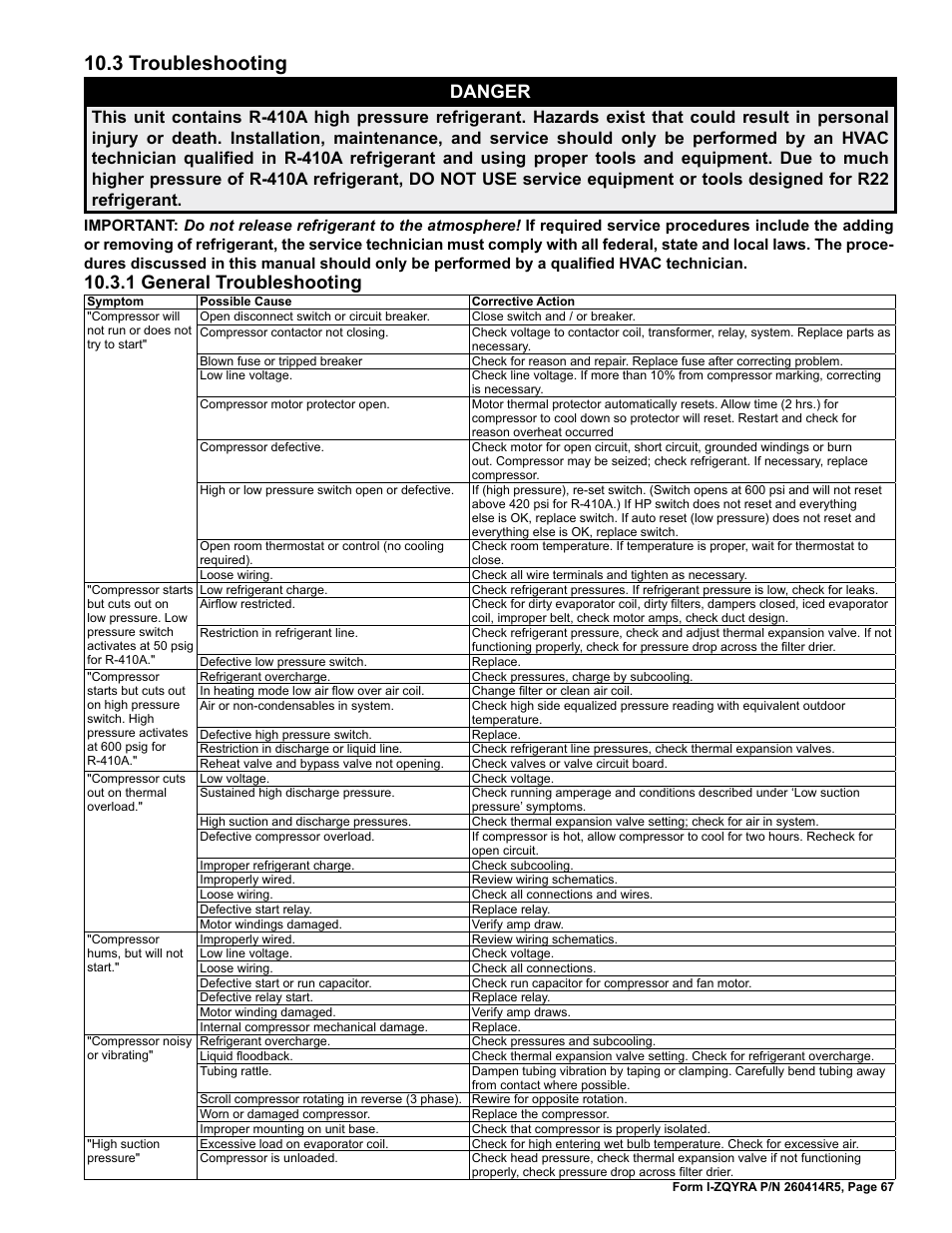 3 troubleshooting, Danger, 1 general troubleshooting | Reznor ZQYRA Unit Installation Manual User Manual | Page 67 / 72