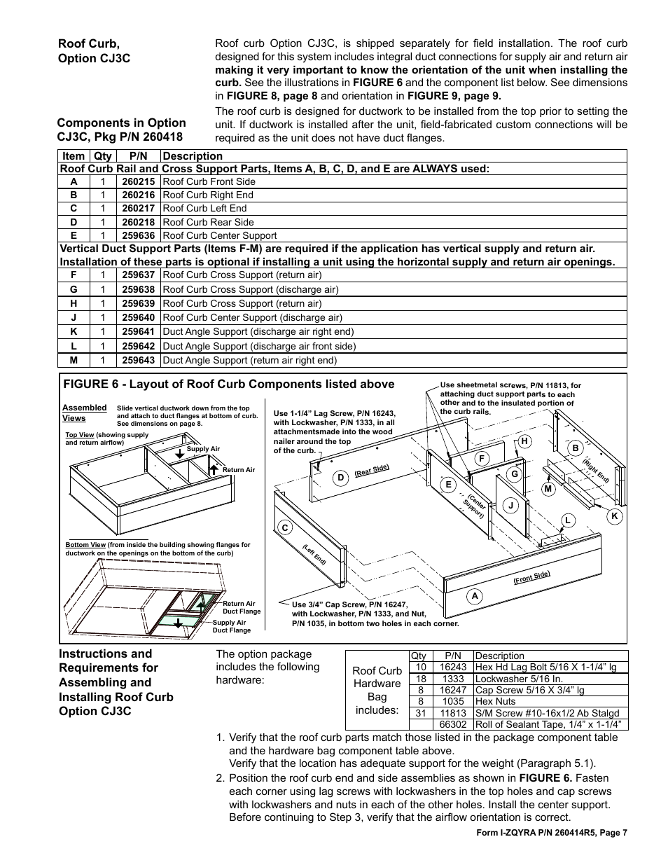 Roof curb, option cj3c | Reznor ZQYRA Unit Installation Manual User Manual | Page 7 / 72