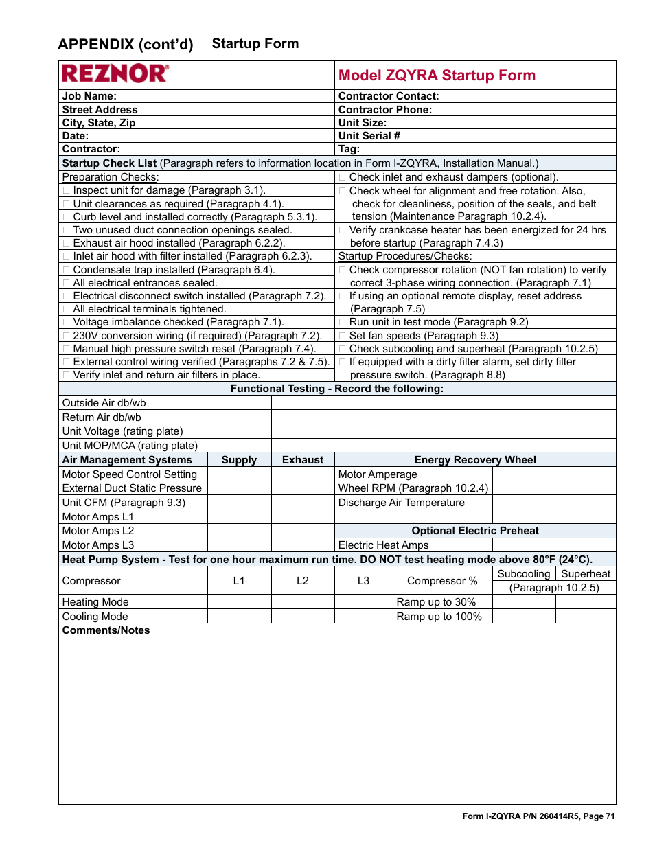Model zqyra startup form, Appendix (cont’d), Startup form | Reznor ZQYRA Unit Installation Manual User Manual | Page 71 / 72