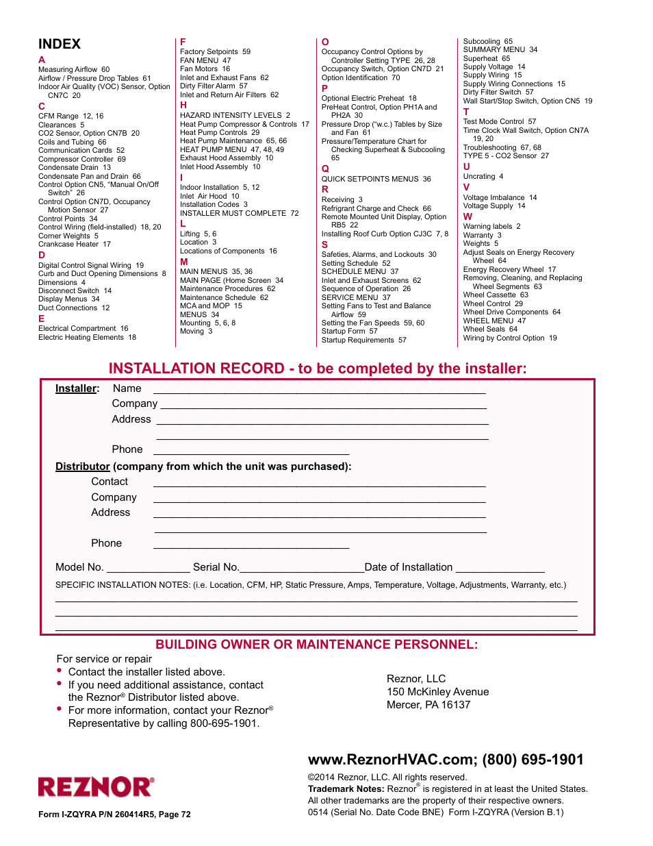 Index, Building owner or maintenance personnel | Reznor ZQYRA Unit Installation Manual User Manual | Page 72 / 72