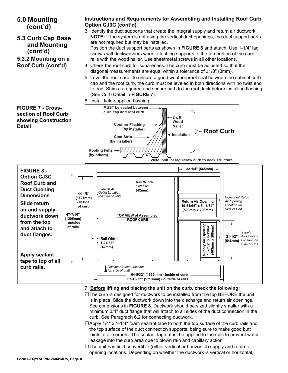 0 mounting (cont’d), 3 curb cap base and mounting (cont’d), Roof curb | 2 mounting on a roof curb (cont’d) | Reznor ZQYRA Unit Installation Manual User Manual | Page 8 / 72
