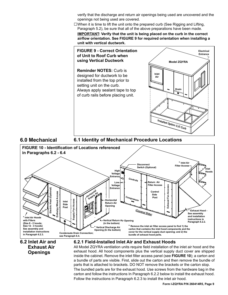 0 mechanical, 1 identity of mechanical procedure locations, 2 inlet air and exhaust air openings | 1 field-installed inlet air and exhaust hoods | Reznor ZQYRA Unit Installation Manual User Manual | Page 9 / 72