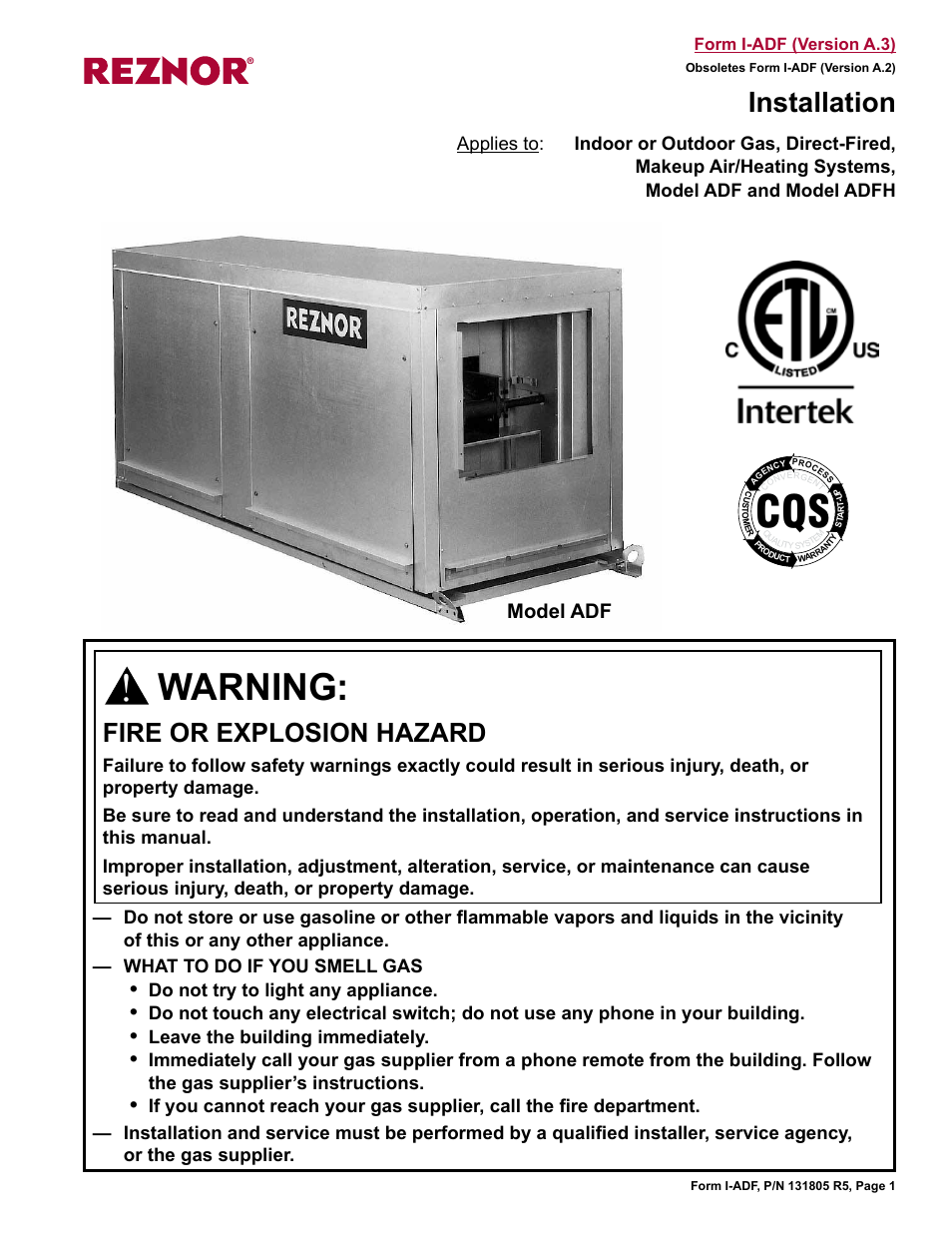 Reznor ADFH Unit Installation Manual User Manual | 28 pages