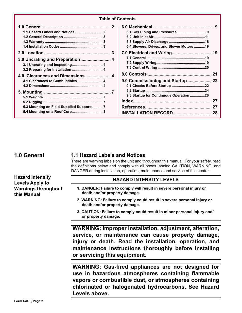 1 hazard labels and notices | Reznor ADFH Unit Installation Manual User Manual | Page 2 / 28