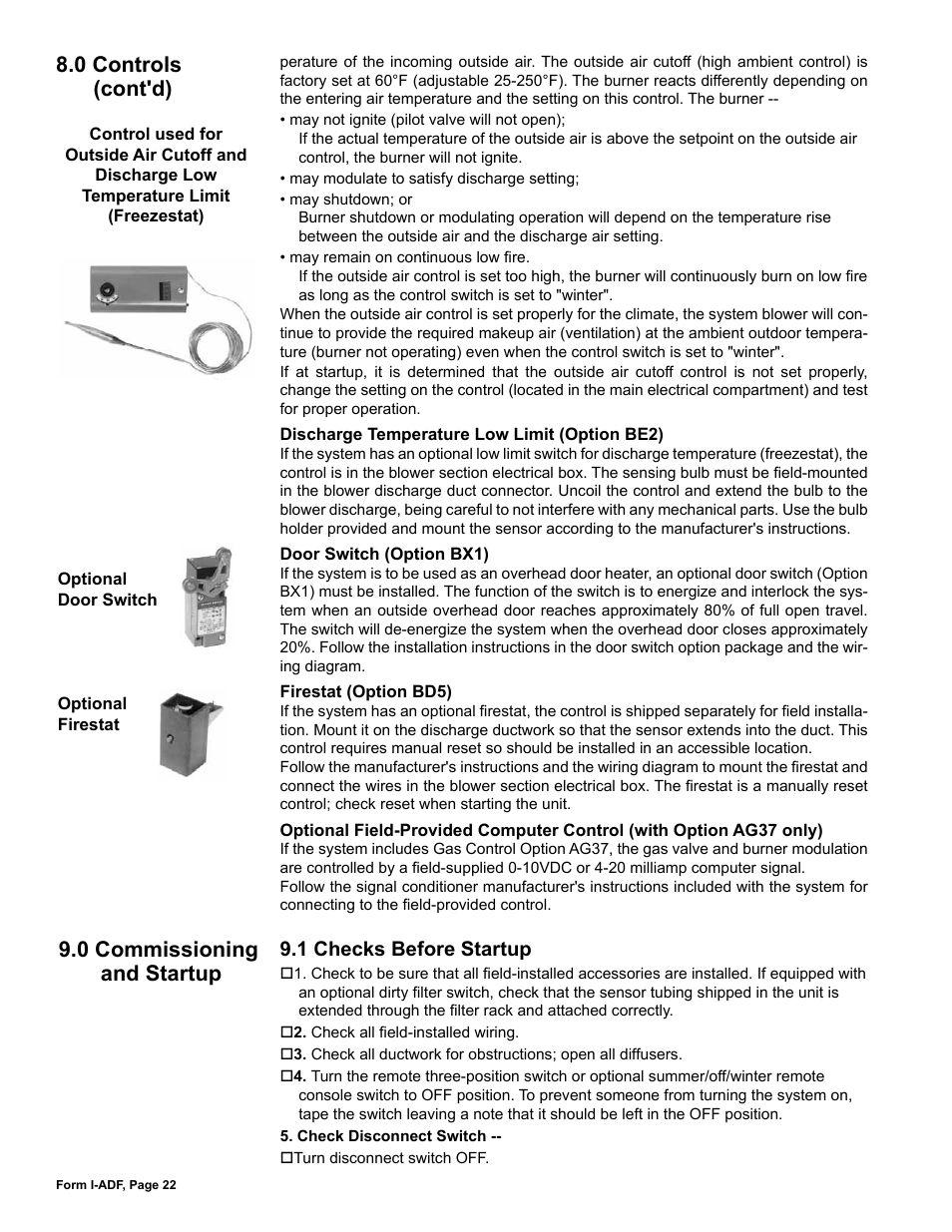 0 commissioning and startup, 1 checks before startup, 0 controls (cont'd) | Reznor ADFH Unit Installation Manual User Manual | Page 22 / 28