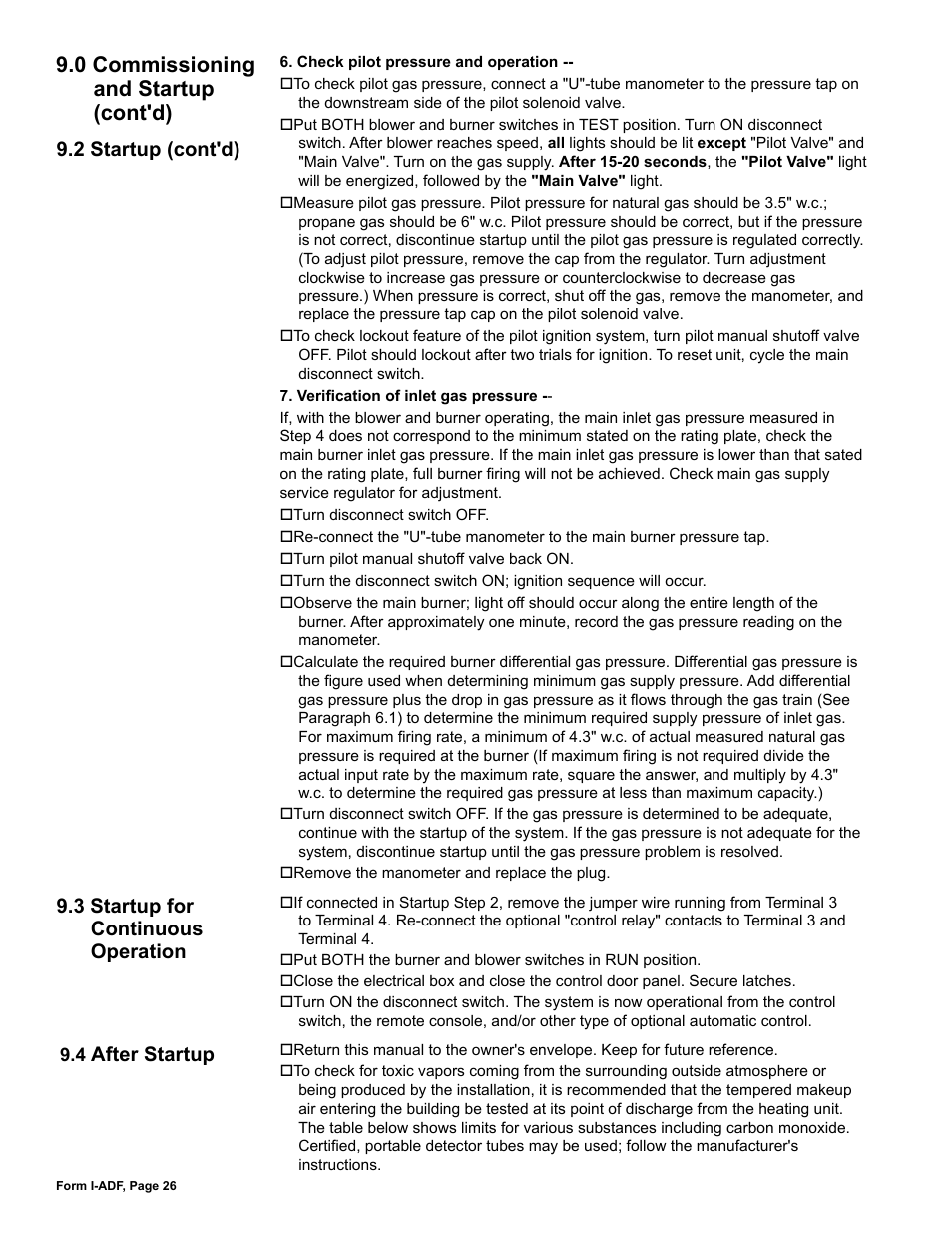 3 startup for continuous operation, 0 commissioning and startup (cont'd), After startup | Reznor ADFH Unit Installation Manual User Manual | Page 26 / 28