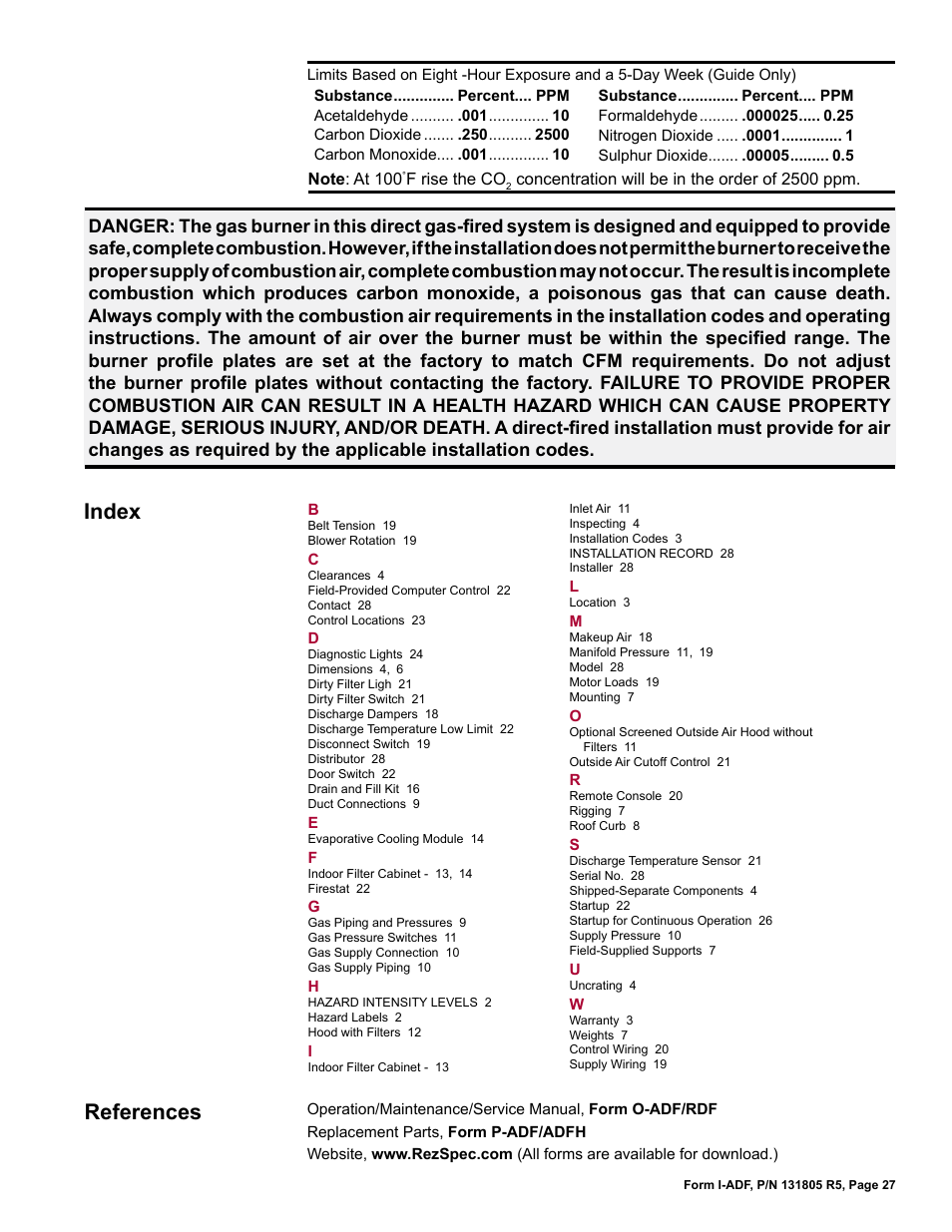 Index, References | Reznor ADFH Unit Installation Manual User Manual | Page 27 / 28
