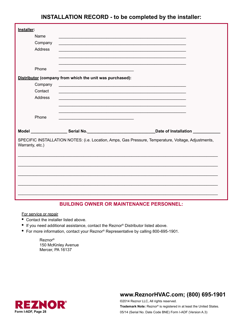 Installation record, Contact 28, Distributor 28 | Tion record 28, Installer 28, Model 28, Serial no. 28 | Reznor ADFH Unit Installation Manual User Manual | Page 28 / 28