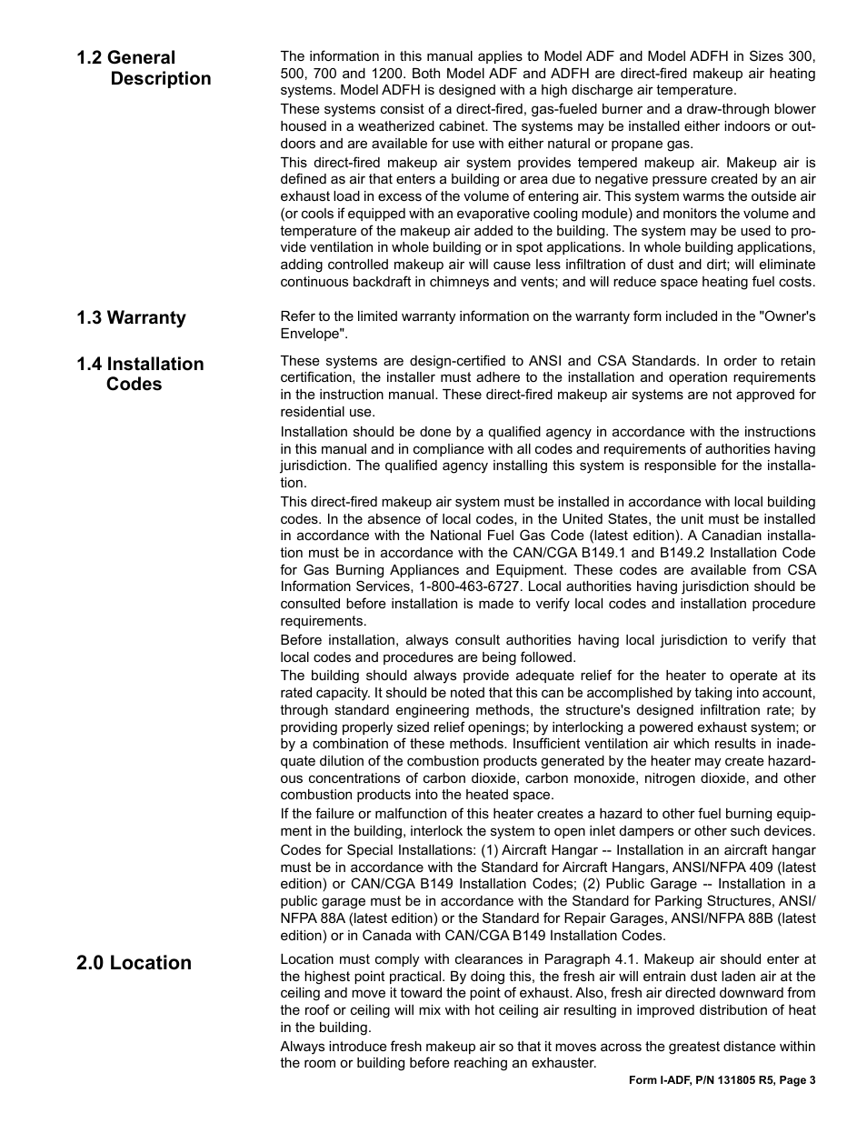 2 general description, 3 warranty, 4 installation codes | 0 location | Reznor ADFH Unit Installation Manual User Manual | Page 3 / 28