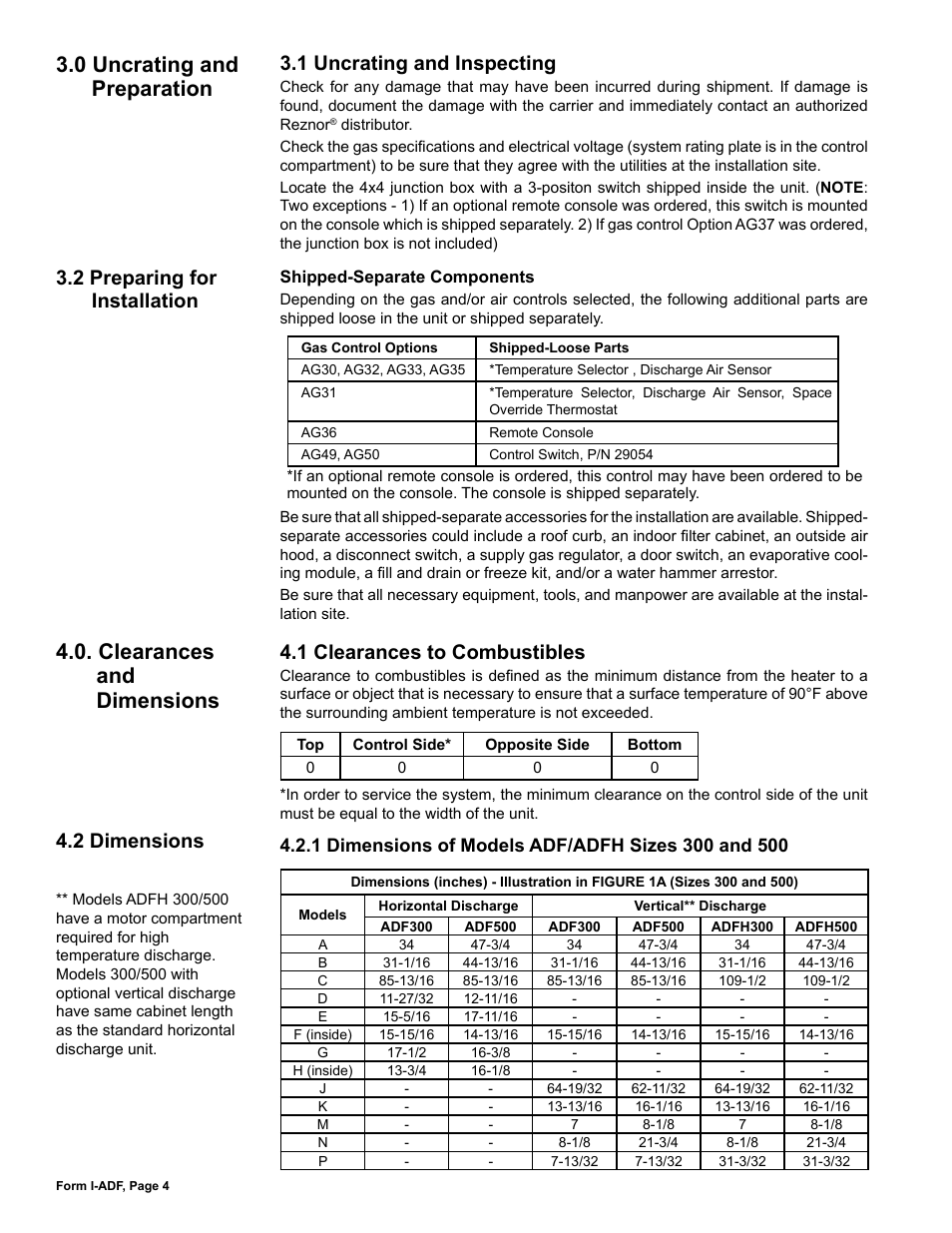 0 uncrating and preparation, 1 uncrating and inspecting, 2 preparing for installation | Clearances and dimensions, 1 clearances to combustibles, 2 dimensions | Reznor ADFH Unit Installation Manual User Manual | Page 4 / 28