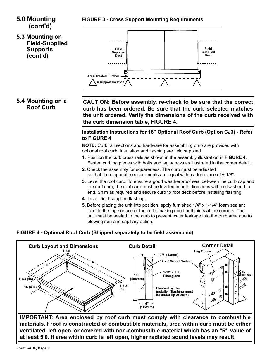4 mounting on a roof curb, 0 mounting (cont'd) | Reznor ADFH Unit Installation Manual User Manual | Page 8 / 28