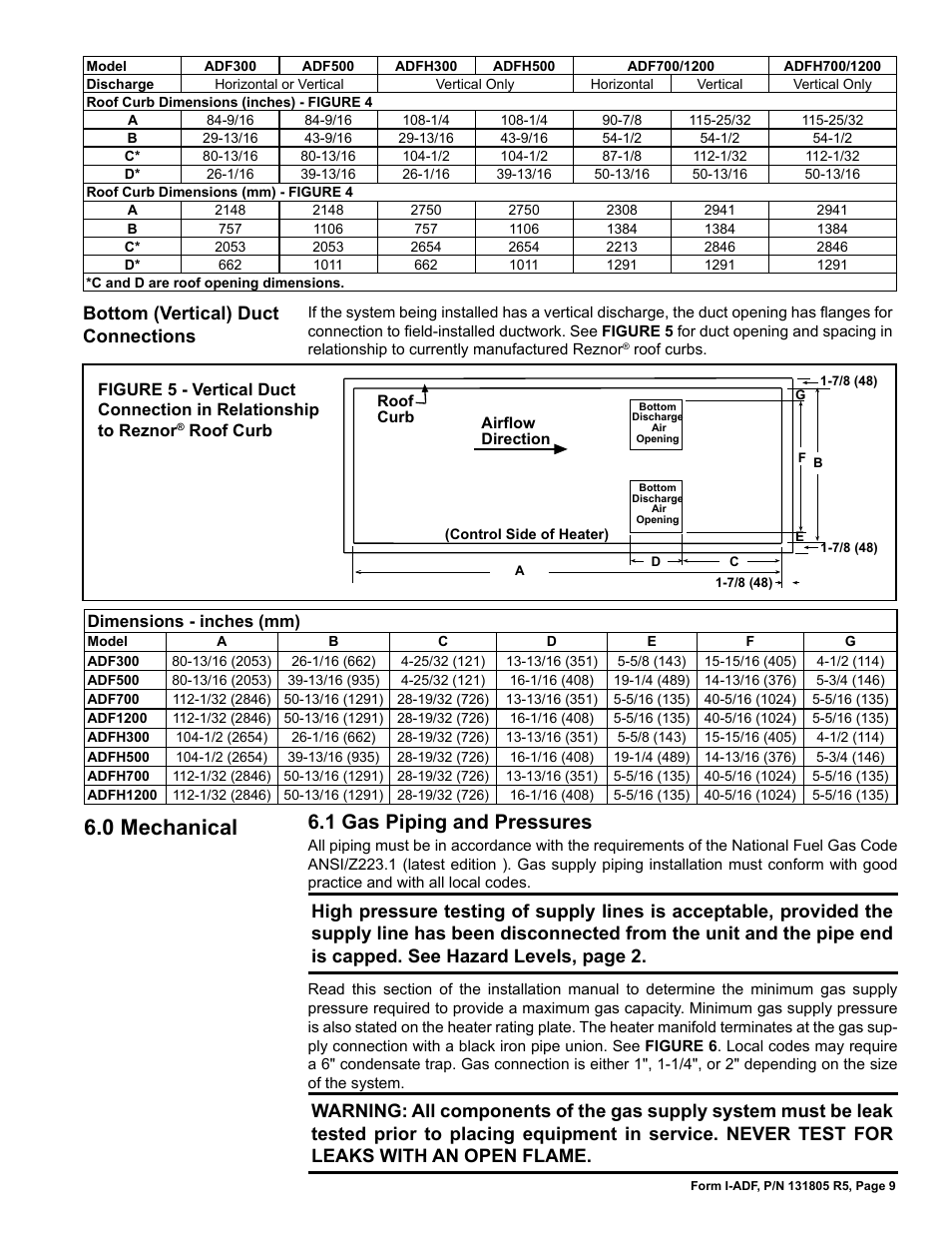0 mechanical, 1 gas piping and pressures, Bottom (vertical) duct connections | Reznor ADFH Unit Installation Manual User Manual | Page 9 / 28