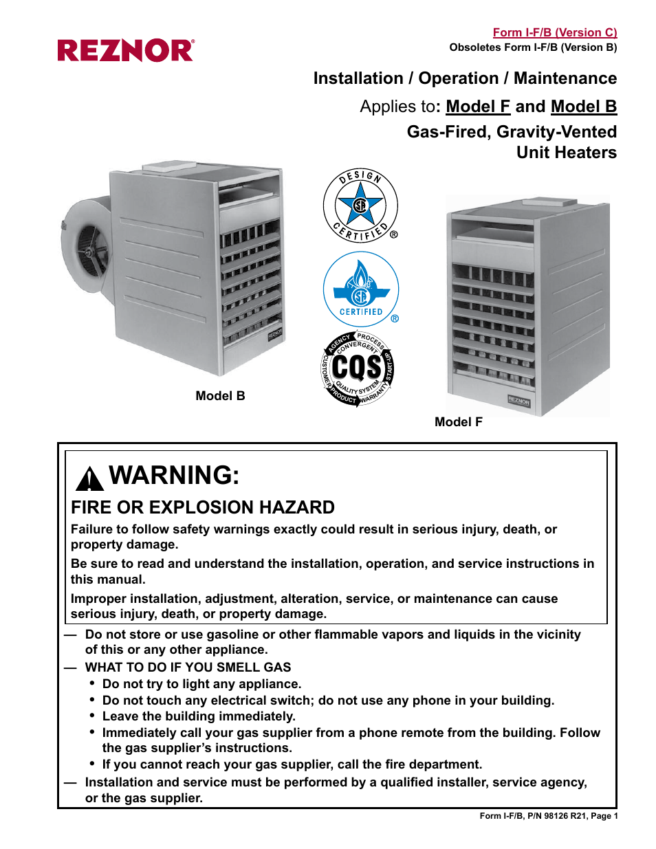 Reznor B Unit Installation Manual User Manual | 40 pages
